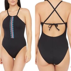 NWT La Blanca Macrame Solids Black Highneck One-piece Swimsuit Size 12